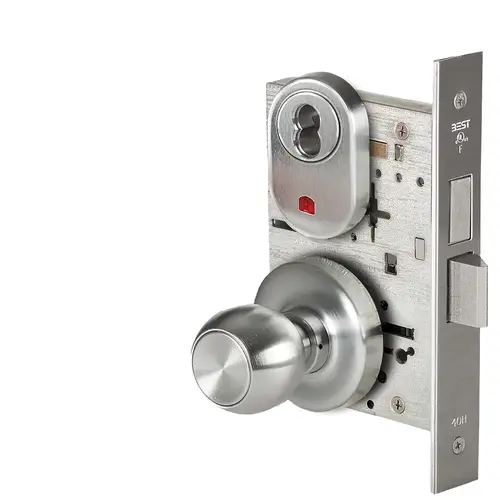 Grade 1 Dormitory Mortise Lock, Visual Keyed Indicator, 4 Knob, R Rose, SFIC Housing Less Core, Satin Chrome Finish, Field Reversible Satin Chrome