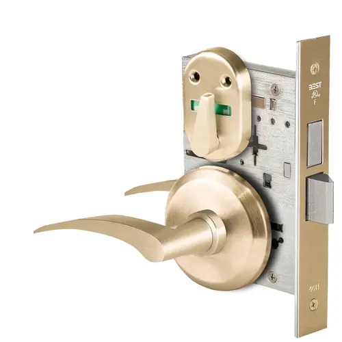 Grade 1 Dormitory Mortise Lock, Visual Thumbturn Indicator, 17R Lever, S Rose, SFIC Housing Less Core, Satin Brass Finish, Field Reversible Satin Brass