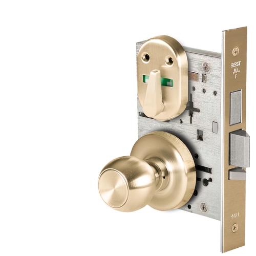 Grade 1 Dormitory Mortise Lock, Visual Thumbturn Indicator, 4 Knob, R Rose, SFIC Housing Less Core, Satin Brass Finish, Field Reversible Satin Brass