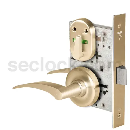 Grade 1 Privacy Mortise Lock, Visual Thumbturn Indicator, 17R Lever, R Rose, Non-Keyed, Satin Brass Finish, Field Reversible Satin Brass