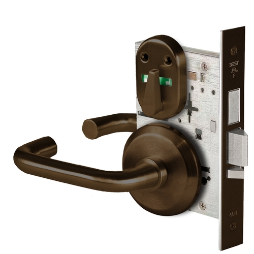 Grade 1 Dormitory Mortise Lock, Visual Thumbturn Indicator, 3 Lever, S Rose, SFIC Housing Less Core, Dark Bronze Finish, Field Reversible Dark Bronze