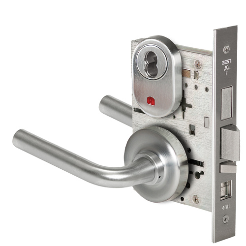 Grade 1 Office Mortise Lock, Visual Keyed Indicator, 12 Lever, R Rose, SFIC Housing Less Core, Satin Chrome Finish, Field Reversible Satin Chrome