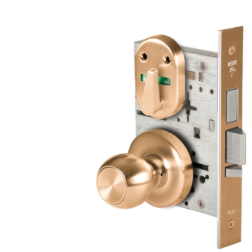 Grade 1 Dormitory Mortise Lock, Visual Thumbturn Indicator, 4 Knob, R Rose, SFIC Housing Less Core, Satin Bronze Finish, Field Reversible Satin Bronze