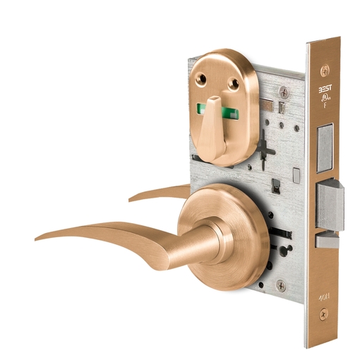 Grade 1 Dormitory Mortise Lock, Visual Thumbturn Indicator, 17R Lever, H Rose, SFIC Housing Less Core, Satin Bronze Finish, Field Reversible Satin Bronze