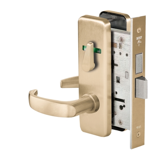 Grade 1 Dormitory Mortise Lock, Double Visual Indicator, 14 Lever, J Escutcheon, SFIC Housing Less Core, Satin Brass Finish, Field Reversible Satin Brass