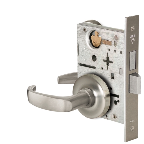 Grade 1 Dormitory Mortise Lock, Visual Thumbturn Indicator, 14 Lever, R Rose, SFIC Housing Less Core, Satin Nickel Finish, Field Reversible Satin Nickel