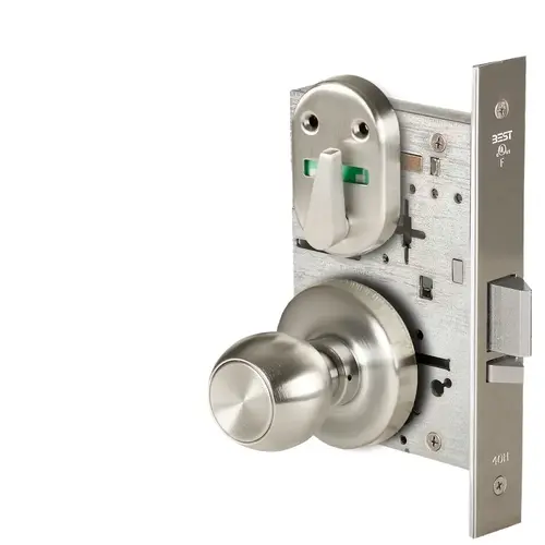 Grade 1 Office Mortise Lock, Visual Thumbturn Indicator, 4 Knob, R Rose, SFIC Housing Less Core, Satin Nickel Finish, Field Reversible Satin Nickel