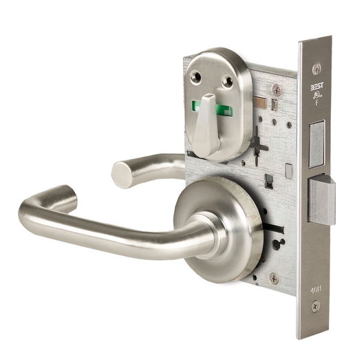 Grade 1 Dormitory Mortise Lock, Double Visual Indicator, 3 Lever, R Rose, SFIC Housing Less Core, Satin Nickel Finish, Field Reversible Satin Nickel