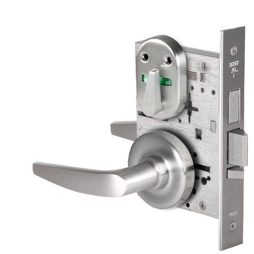 Grade 1 Dormitory Mortise Lock, Double Visual Indicator, 16 Lever, R Rose, SFIC Housing Less Core, Satin Chrome Finish, Field Reversible Satin Chrome