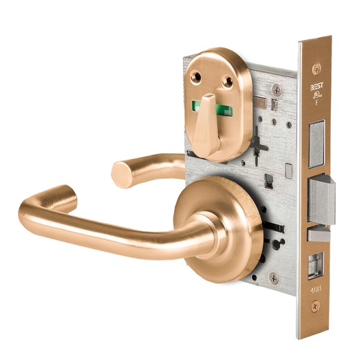 Grade 1 Office Mortise Lock, Double Visual Indicator, 3 Lever, R Rose, SFIC Housing Less Core, Satin Bronze Finish, Field Reversible Satin Bronze