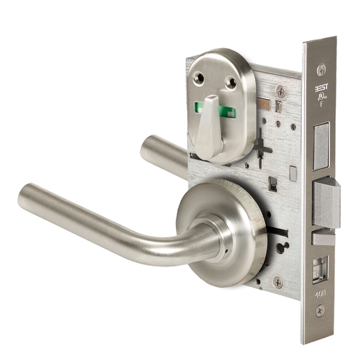 Grade 1 Office Mortise Lock, Double Visual Indicator, 12 Lever, R Rose, SFIC Housing Less Core, Satin Nickel Finish, Field Reversible Satin Nickel