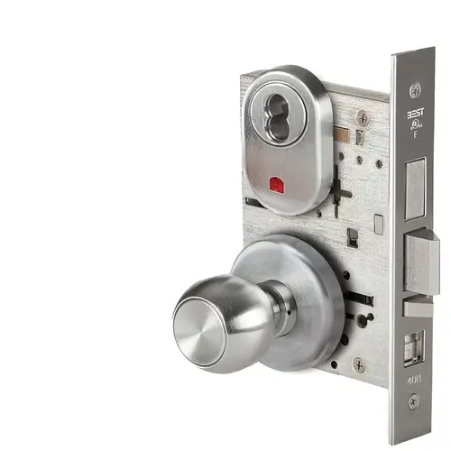 Grade 1 Office Mortise Lock, Visual Keyed Indicator, 4 Knob, H Rose, SFIC Housing Less Core, Satin Chrome Finish, Field Reversible Satin Chrome