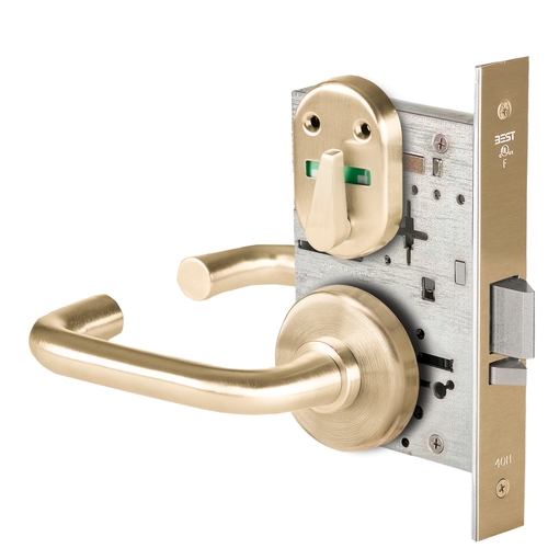 Grade 1 Office Mortise Lock, Visual Thumbturn Indicator, 3 Lever, H Rose, SFIC Housing Less Core, Satin Brass Finish, Field Reversible Satin Brass