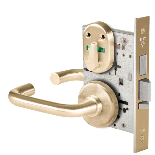 Grade 1 Dormitory Mortise Lock, Visual Thumbturn Indicator, 3 Lever, H Rose, SFIC Housing Less Core, Satin Brass Finish, Field Reversible Satin Brass