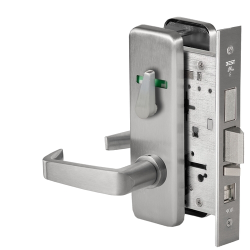 Grade 1 Office Mortise Lock, Double Visual Indicator, 15 Lever, J Escutcheon, SFIC Housing Less Core, Satin Stainless Steel Finish, Field Reversible Satin Stainless Steel