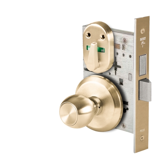 Grade 1 Dormitory Mortise Lock, Visual Thumbturn Indicator, 4 Knob, S Rose, SFIC Housing Less Core, Satin Brass Finish, Field Reversible Satin Brass