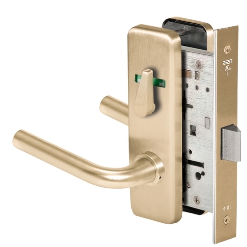 Grade 1 Privacy Mortise Lock, Visual Thumbturn Indicator, 12 Lever, J Escutcheon, Non-Keyed, Satin Brass Finish, Field Reversible Satin Brass