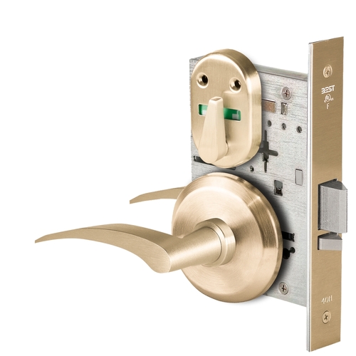 Grade 1 Office Mortise Lock, Visual Thumbturn Indicator, 17L Lever, S Rose, SFIC Housing Less Core, Satin Brass Finish, Field Reversible Satin Brass