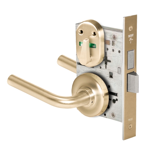 Grade 1 Dormitory Mortise Lock, Double Visual Indicator, 12 Lever, R Rose, SFIC Housing Less Core, Satin Brass Finish, Field Reversible Satin Brass