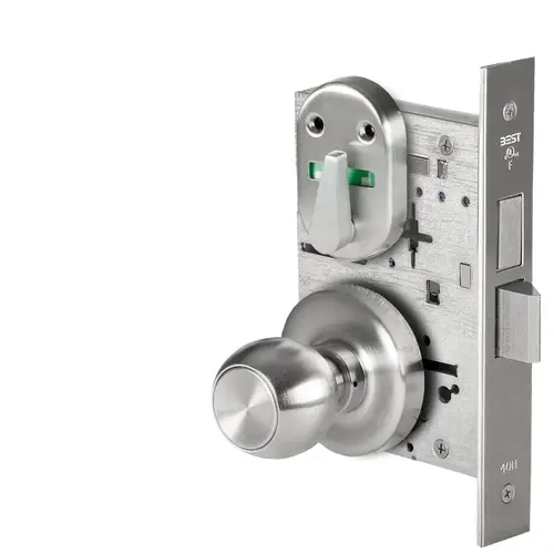 Grade 1 Privacy Mortise Lock, Double Visual Indicator, 4 Knob, R Rose, Non-Keyed, Satin Chrome Finish, Field Reversible Satin Chrome