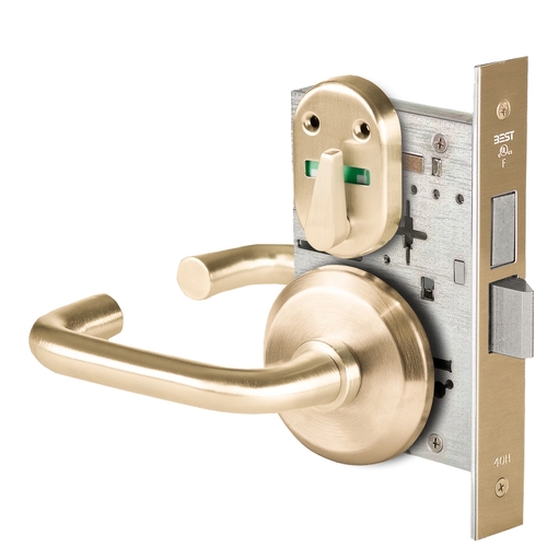 Grade 1 Privacy Mortise Lock, Visual Thumbturn Indicator, 3 Lever, S Rose, Non-Keyed, Satin Brass Finish, Field Reversible Satin Brass