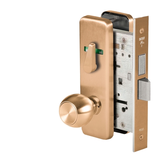 Grade 1 Dormitory Mortise Lock, Double Visual Indicator, 4 Knob, J Escutcheon, SFIC Housing Less Core, Satin Bronze Finish, Field Reversible Satin Bronze