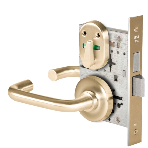 Grade 1 Privacy Mortise Lock, Visual Thumbturn Indicator, 3 Lever, R Rose, Non-Keyed, Satin Brass Finish, Field Reversible Satin Brass