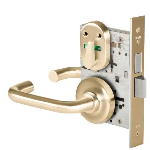 Grade 1 Dormitory Mortise Lock, Double Visual Indicator, 3 Lever, R Rose, SFIC Housing Less Core, Satin Brass Finish, Field Reversible Satin Brass