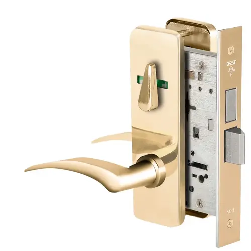 Grade 1 Privacy Mortise Lock, Visual Thumbturn Indicator, 17R Lever, J Escutcheon, Non-Keyed, Bright Brass Finish, Field Reversible Bright Brass