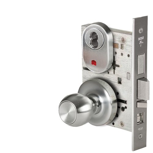 Grade 1 Office Mortise Lock, Visual Keyed Indicator, 4 Knob, R Rose, SFIC Housing Less Core, Satin Chrome Finish, Field Reversible Satin Chrome