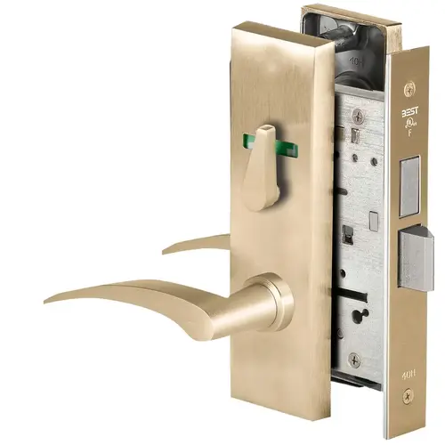 Grade 1 Dormitory Mortise Lock, Visual Thumbturn Indicator, 17R Lever, M Escutcheon, SFIC Housing Less Core, Satin Brass Finish, Field Reversible Satin Brass