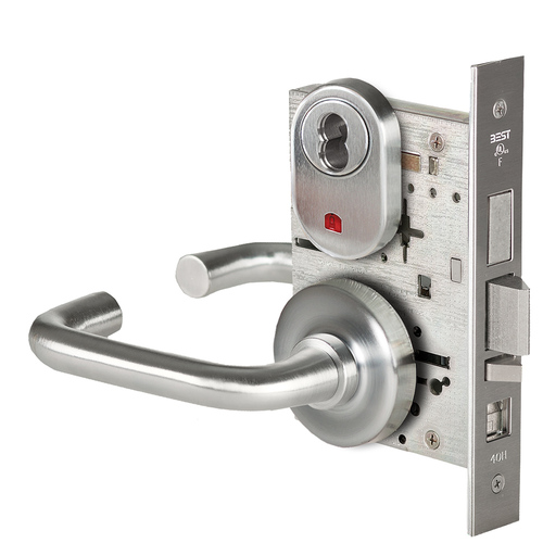 Grade 1 Office Mortise Lock, Visual Keyed Indicator, 3 Lever, R Rose, SFIC Housing Less Core, Satin Chrome Finish, Field Reversible Satin Chrome