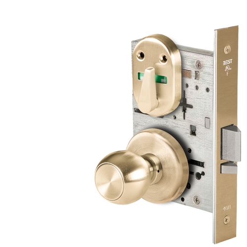 Grade 1 Office Mortise Lock, Visual Thumbturn Indicator, 4 Knob, H Rose, SFIC Housing Less Core, Satin Brass Finish, Field Reversible Satin Brass