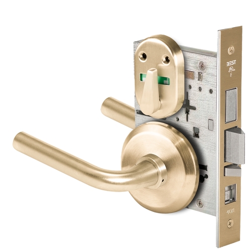 Grade 1 Office Mortise Lock, Visual Thumbturn Indicator, 12 Lever, S Rose, SFIC Housing Less Core, Satin Brass Finish, Field Reversible Satin Brass