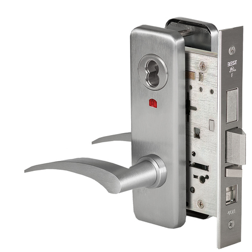 Grade 1 Office Mortise Lock, Visual Keyed Indicator, 17L Lever, J Escutcheon, SFIC Housing Less Core, Satin Chrome Finish, Field Reversible Satin Chrome