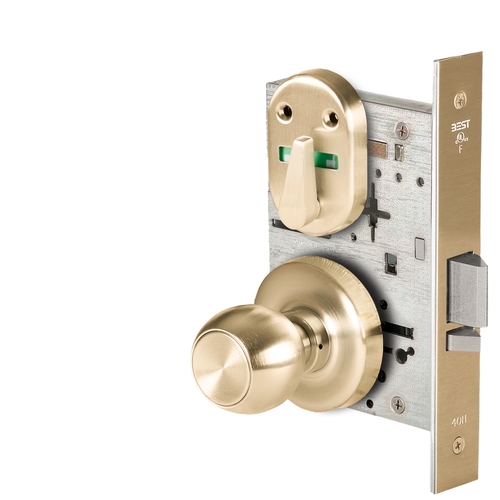 Grade 1 Office Mortise Lock, Visual Thumbturn Indicator, 4 Knob, R Rose, SFIC Housing Less Core, Satin Brass Finish, Field Reversible Satin Brass