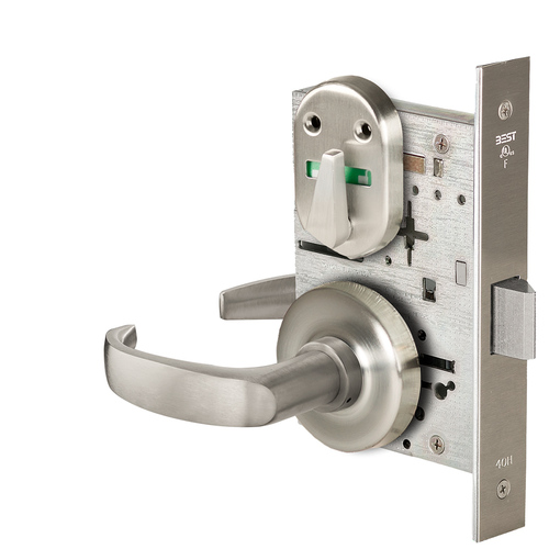 Grade 1 Privacy Mortise Lock, Visual Thumbturn Indicator, 14 Lever, R Rose, Non-Keyed, Satin Nickel Finish, Field Reversible Satin Nickel