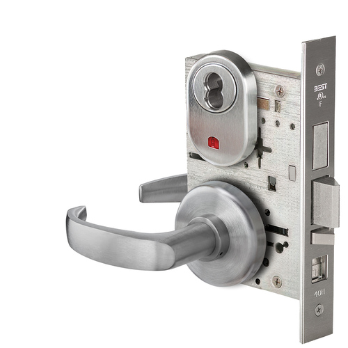 Grade 1 Office Mortise Lock, Visual Keyed Indicator, 14 Lever, H Rose, SFIC Housing Less Core, Satin Stainless Steel Finish, Field Reversible Satin Stainless Steel