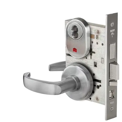 Grade 1 Office Mortise Lock, Visual Keyed Indicator, 14 Lever, H Rose, SFIC Housing Less Core, Satin Chrome Finish, Field Reversible Satin Chrome