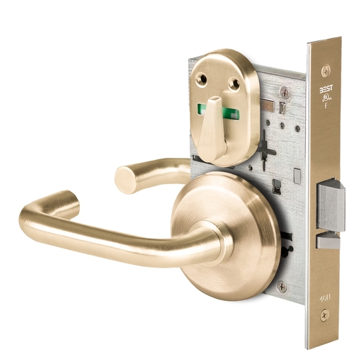 Grade 1 Office Mortise Lock, Visual Thumbturn Indicator, 3 Lever, S Rose, SFIC Housing Less Core, Satin Brass Finish, Field Reversible Satin Brass