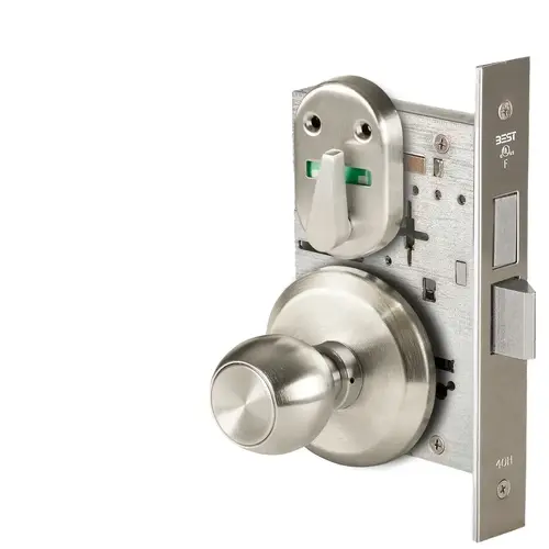 Grade 1 Privacy Mortise Lock, Visual Thumbturn Indicator, 4 Knob, S Rose, Non-Keyed, Satin Nickel Finish, Field Reversible Satin Nickel