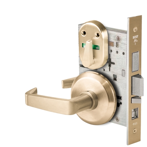 Grade 1 Office Mortise Lock, Visual Thumbturn Indicator, 15 Lever, S Rose, SFIC Housing Less Core, Satin Brass Finish, Field Reversible Satin Brass