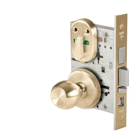 Grade 1 Office Mortise Lock, Double Visual Indicator, 4 Knob, H Rose, SFIC Housing Less Core, Satin Brass Finish, Field Reversible Satin Brass