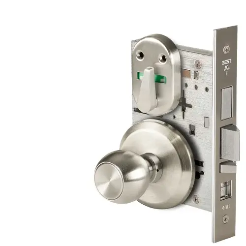 Grade 1 Office Mortise Lock, Visual Thumbturn Indicator, 4 Knob, S Rose, SFIC Housing Less Core, Satin Nickel Finish, Field Reversible Satin Nickel