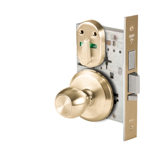 Grade 1 Dormitory Mortise Lock, Visual Thumbturn Indicator, 4 Knob, S Rose, SFIC Housing Less Core, Satin Brass Finish, Field Reversible Satin Brass