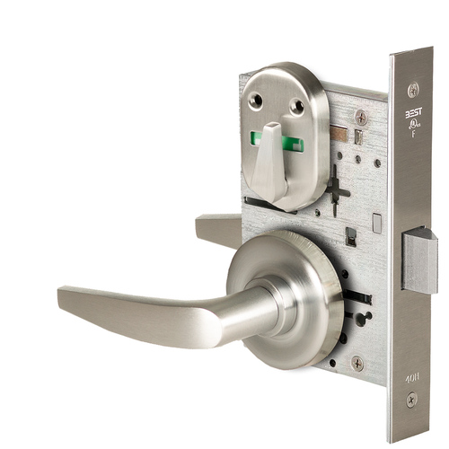 Grade 1 Privacy Mortise Lock, Double Visual Indicator, 16 Lever, R Rose, Non-Keyed, Satin Nickel Finish, Field Reversible Satin Nickel