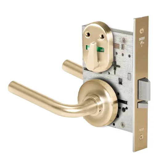 Grade 1 Office Mortise Lock, Double Visual Indicator, 12 Lever, R Rose, SFIC Housing Less Core, Satin Brass Finish, Field Reversible Satin Brass