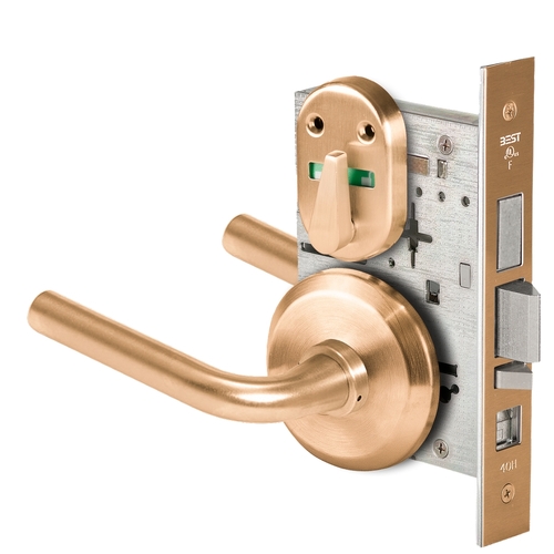 Grade 1 Office Mortise Lock, Visual Thumbturn Indicator, 12 Lever, S Rose, SFIC Housing Less Core, Satin Bronze Finish, Field Reversible Satin Bronze