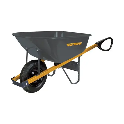 True Temper R6TC14 Wheelbarrow, 6 cu-ft Volume, Steel, 1-Wheel, Tube Wheel, Control Grip Handle Gray