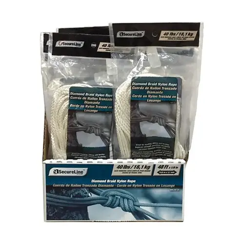 SecureLine Lehigh 1/8 in. D X 48 ft. L White Diamond Braided Nylon Rope SecureLine Lehigh 1/8 in. D X 48 ft. L White Diamond Braided Nylon Rope